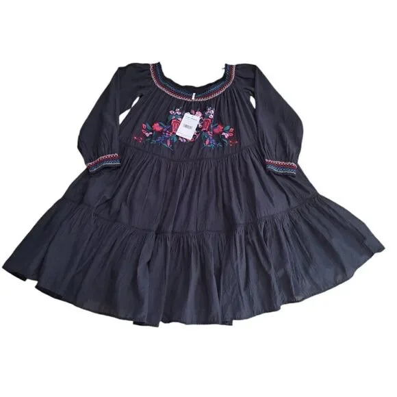 Free People Sunbeam Black Embroidered Off Shoulder Boho Peasant Tunic Dress M - Picture 2 of 9